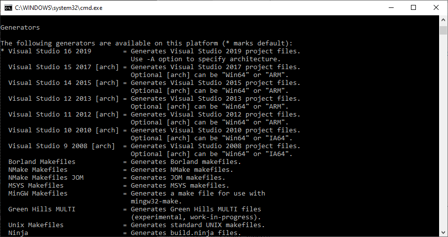 Target any platform you want by choosing the appropriate Generator, with the -G option.